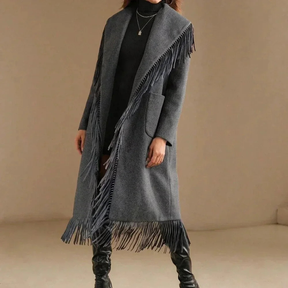 Grey Elegant Women's Faux Fur Collar Wool Blend Jacket With Fringe Trim - Picture 6 of 8